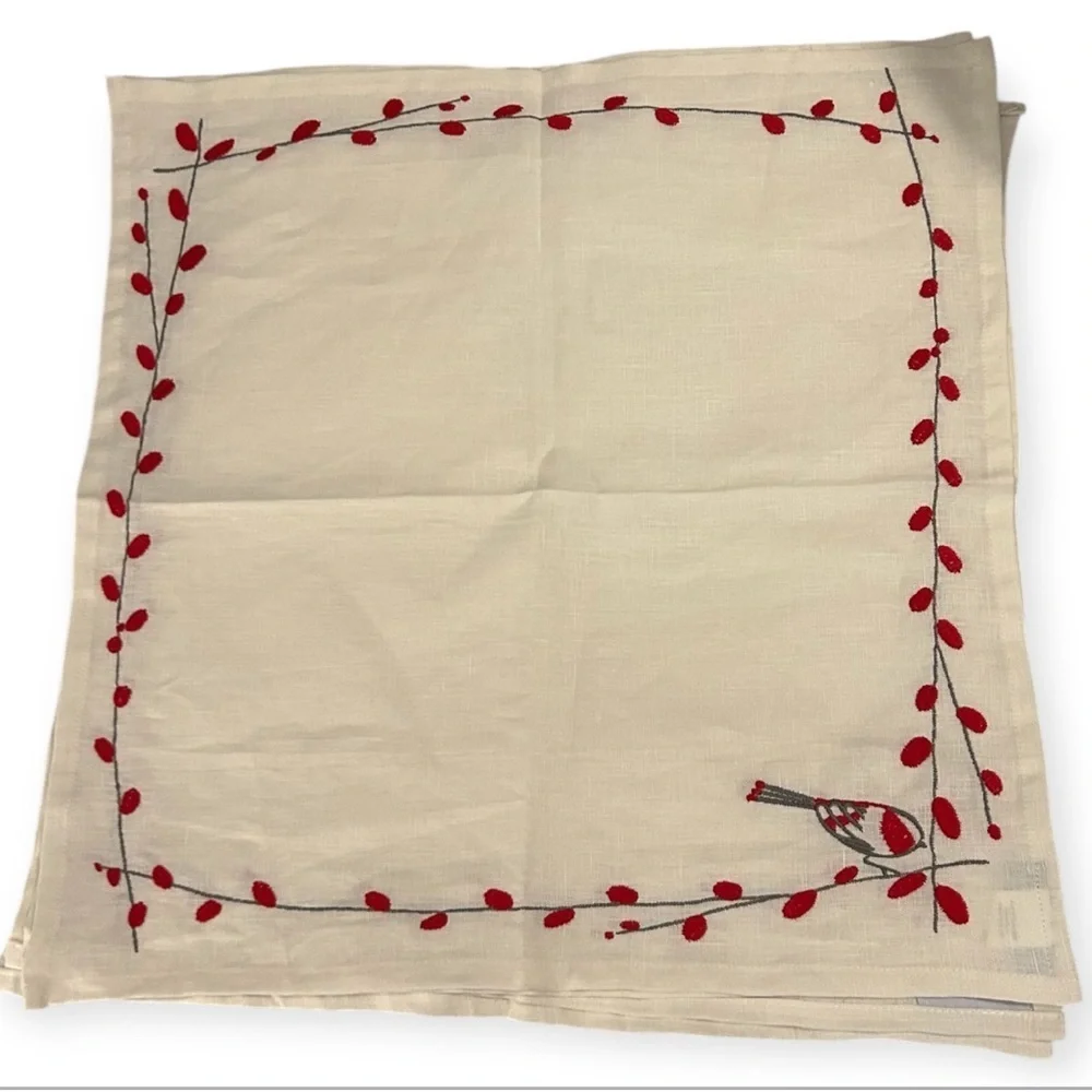 The Company Store Linen Napkins with Red and gray Embroidery